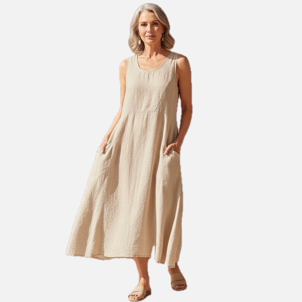Women's Sleeveless Dress with Pockets and A-Line Silhouette