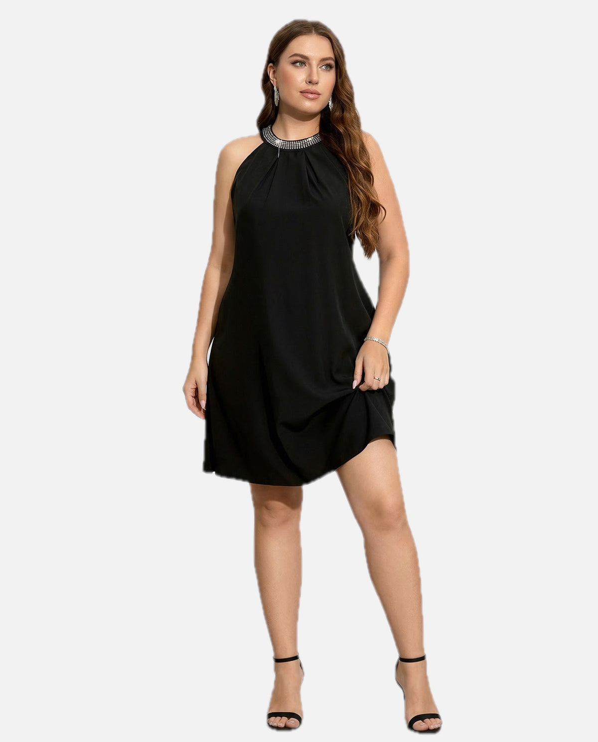 Women's Mini Dress Sleeveless Halter Neck with Embellished Trim and A-line Silhouette