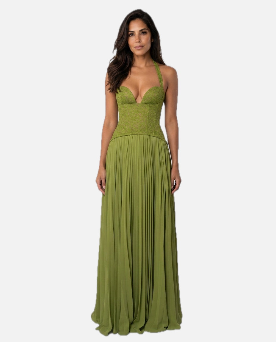 Women's Sweetheart Maxi Dress with Lace Bodice and Pleated Skirt