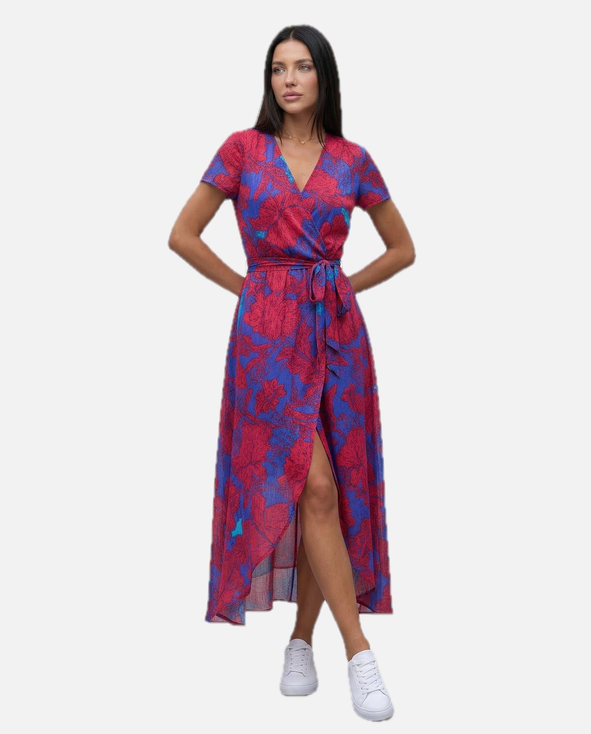 Women's Wrap Maxi Dress with Short Sleeves and V-Neck
