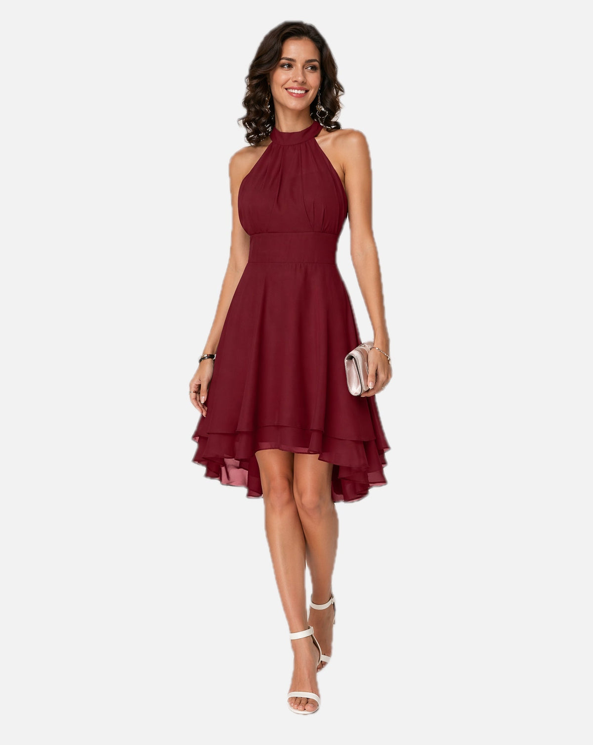 Women's Halter Dress Sleeveless with Ruffle Hem and Flared Skirt - 1