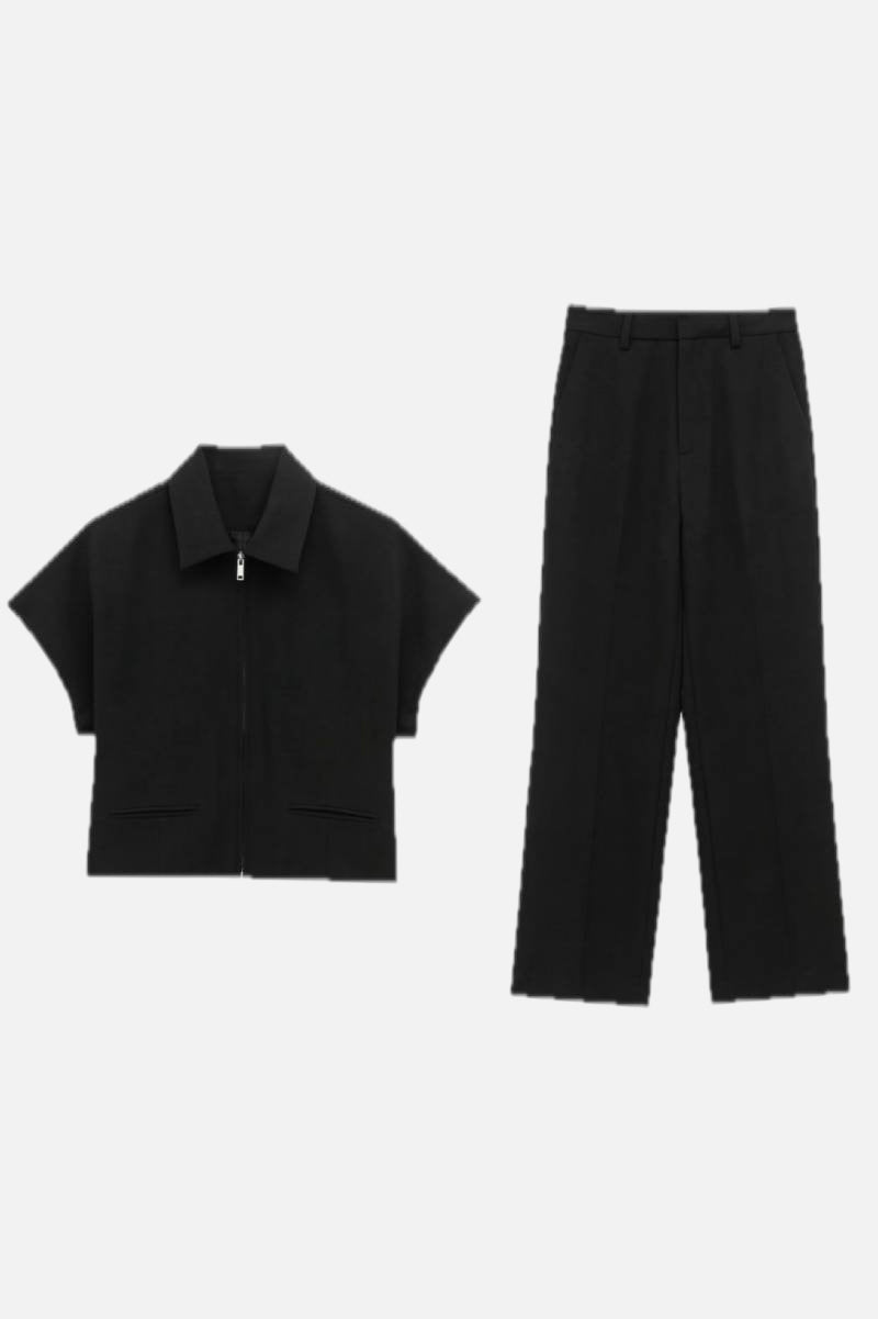 Women's Two-Piece Set Cropped Zip Jacket with Wide Leg Trousers