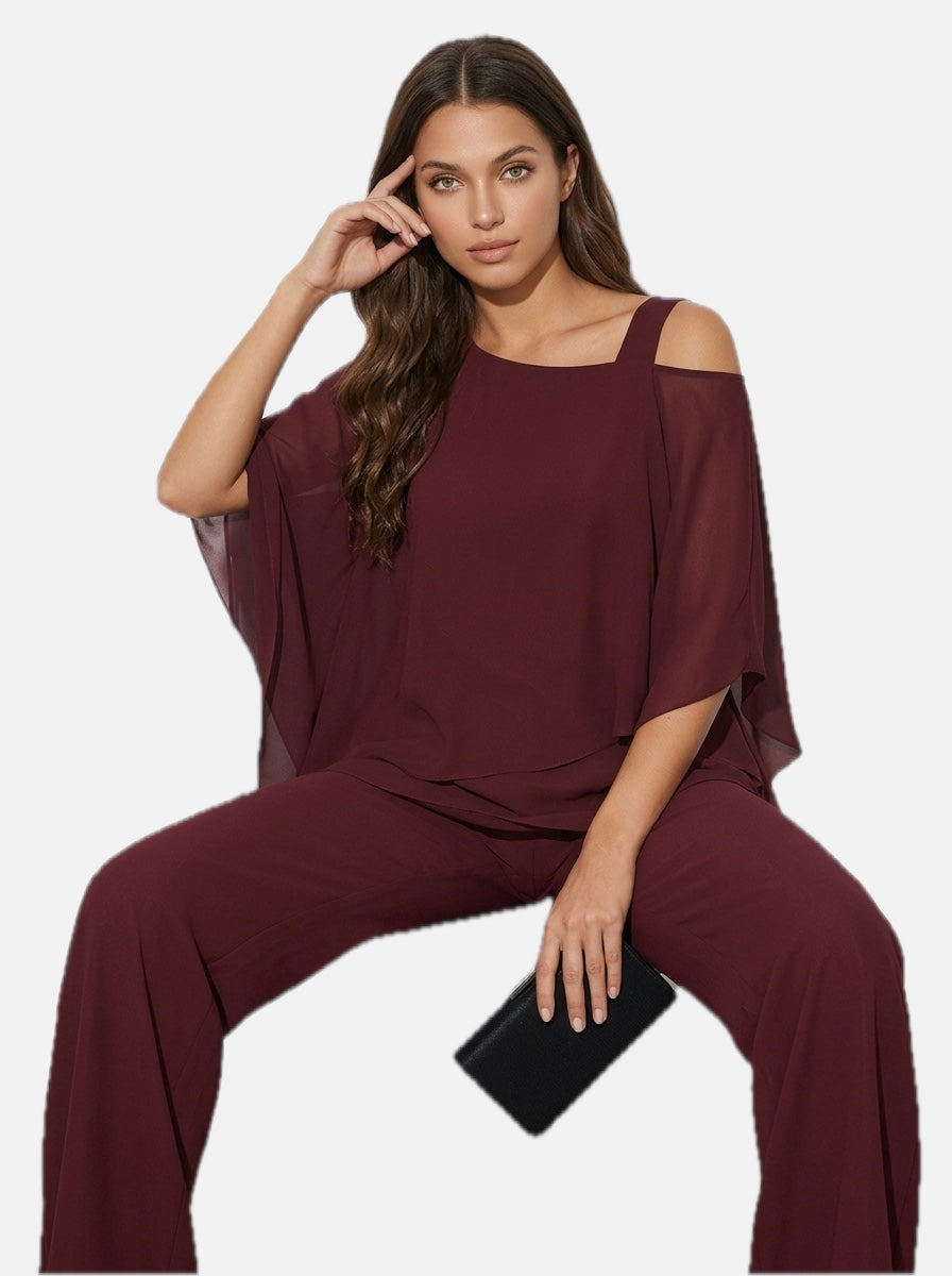 Women's Cape Overlay Top and Wide Leg Trousers Set - 1