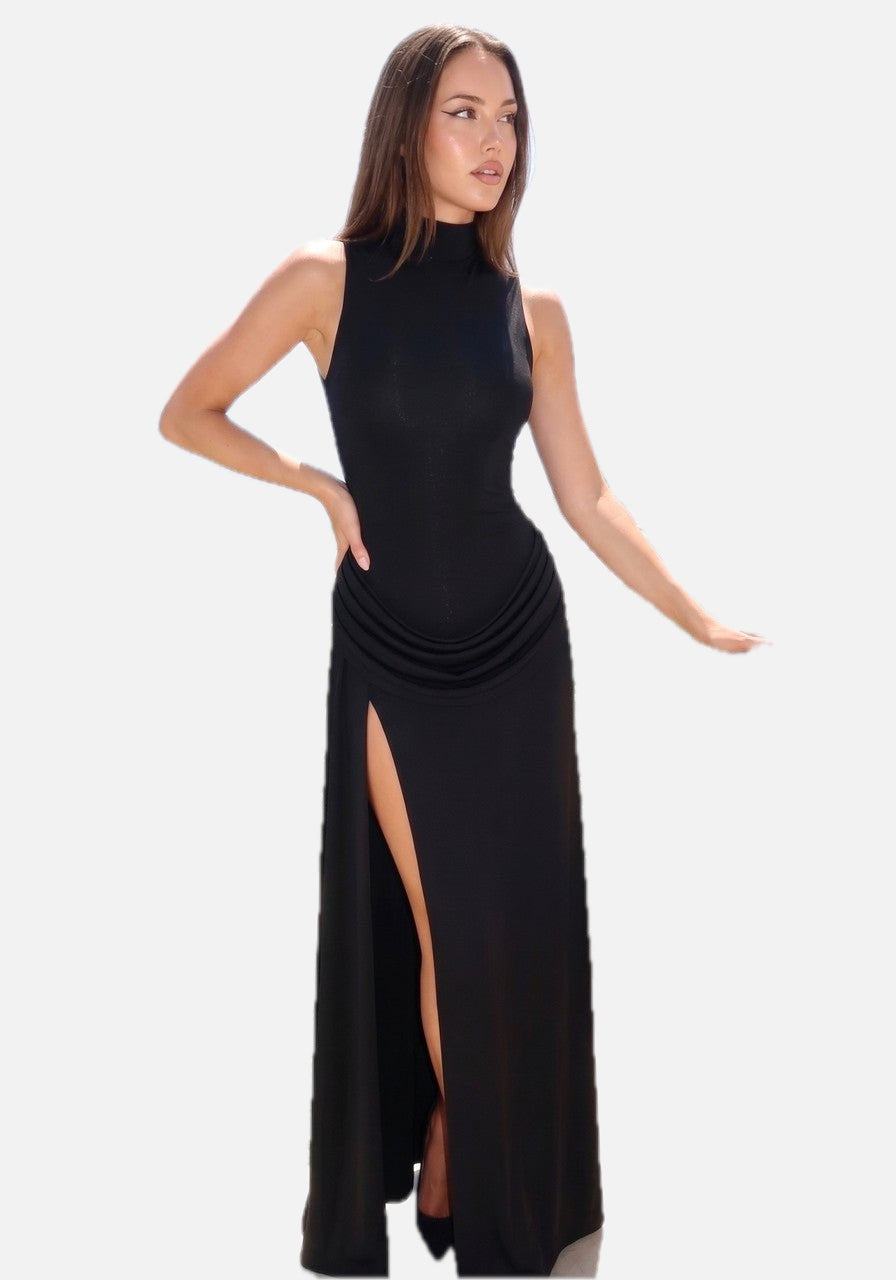 Women's Sleeveless Maxi Dress with Draped Turtleneck and Side Slit