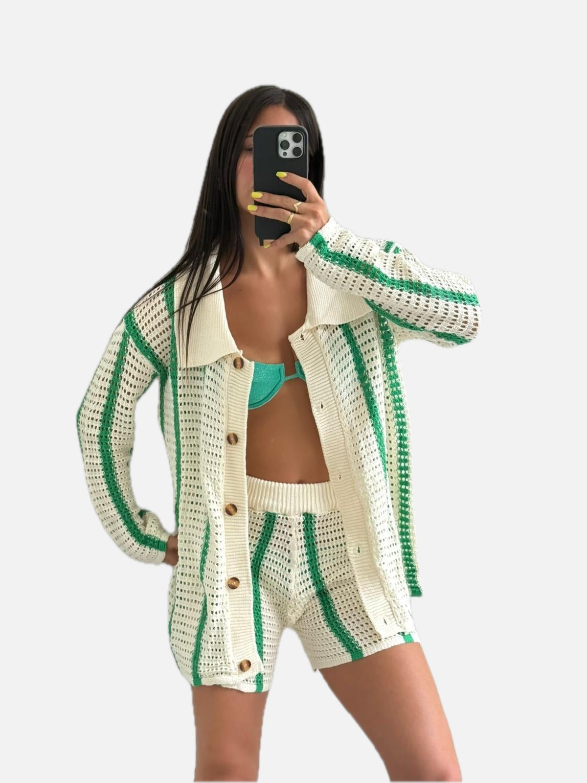 Women's Striped Crochet Two-Piece Set with Buttoned Shirt and Shorts