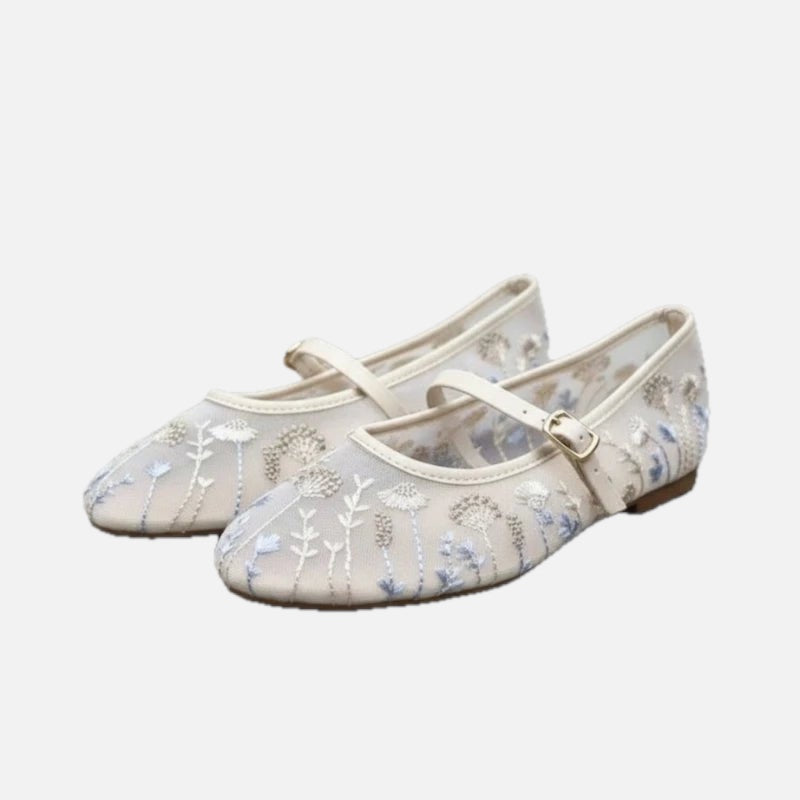 Women's Ballet Flats with Floral Embroidery and Buckle Strap