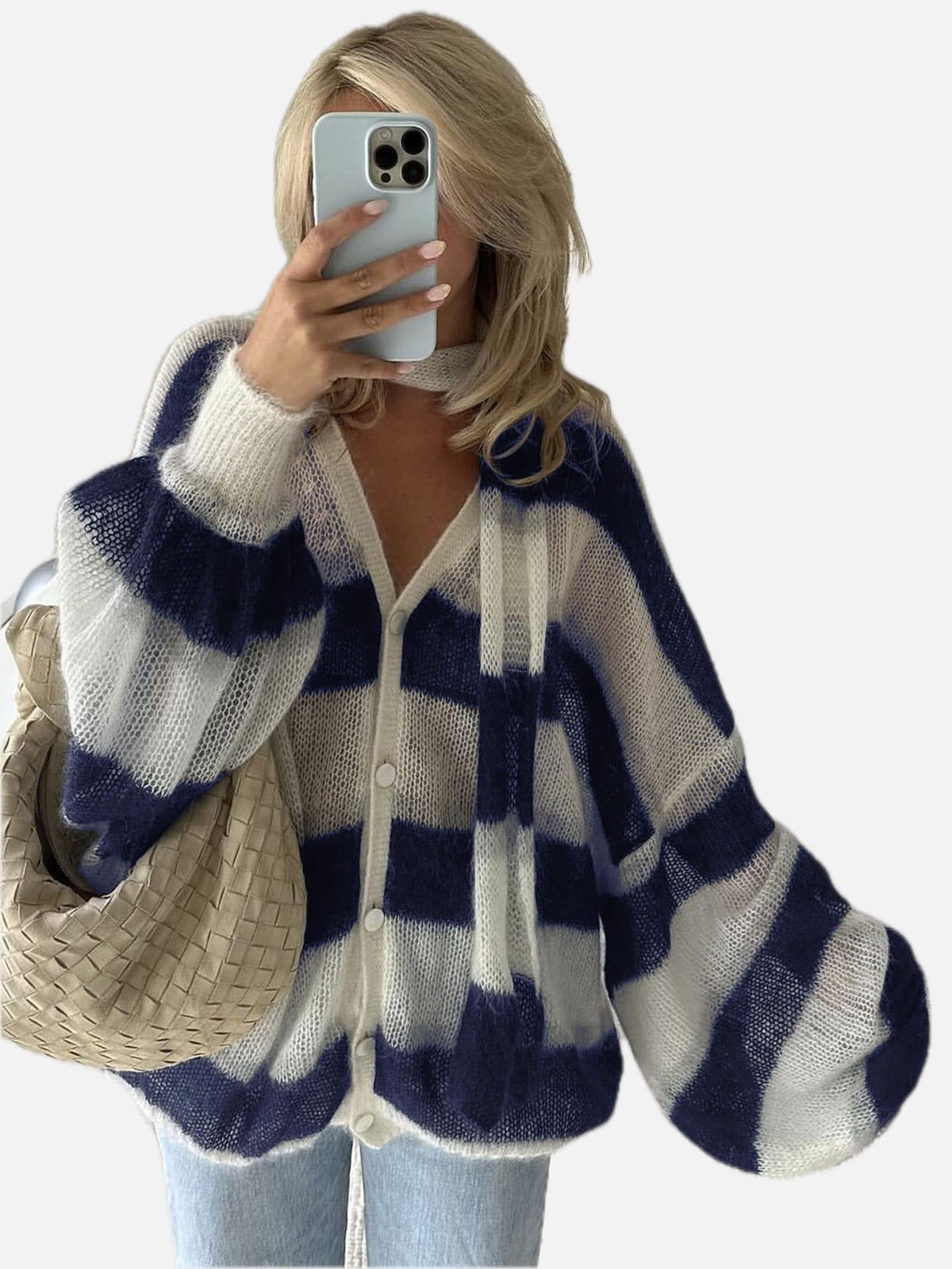 Women's Loose Striped Cardigan with V-Neck and Button Front