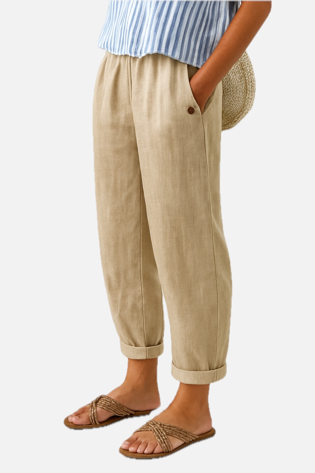 Women Relaxed Trousers with Turn-Up Hem and Side Pockets