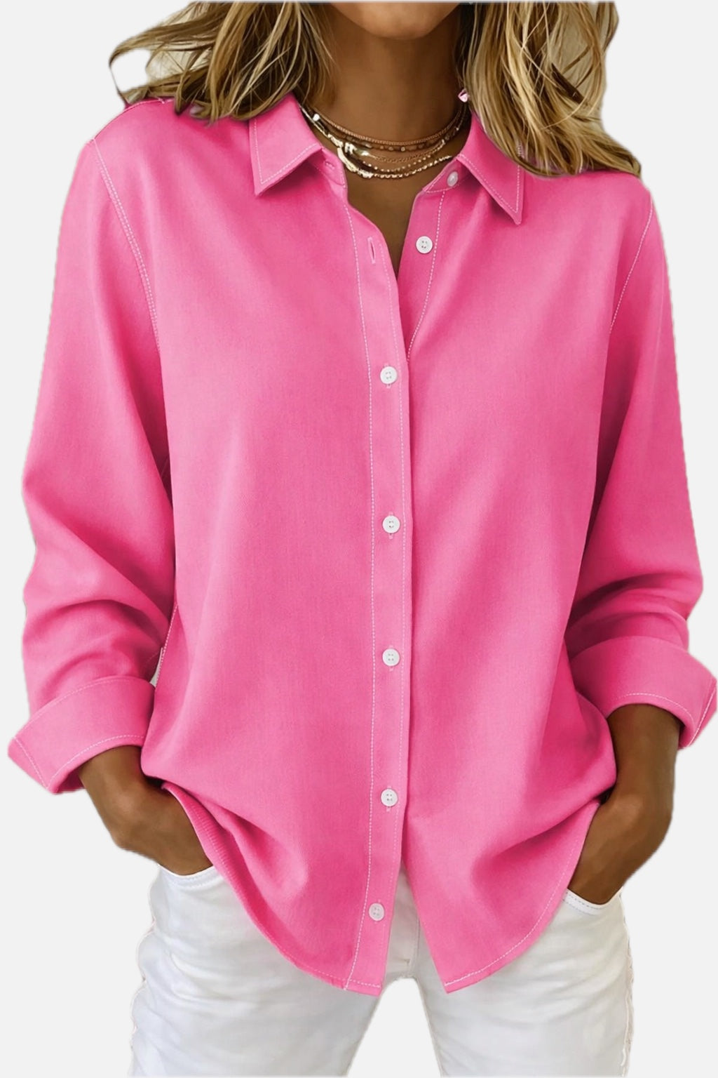 Women's Long-Sleeve Button-Up Shirt with Classic Collar