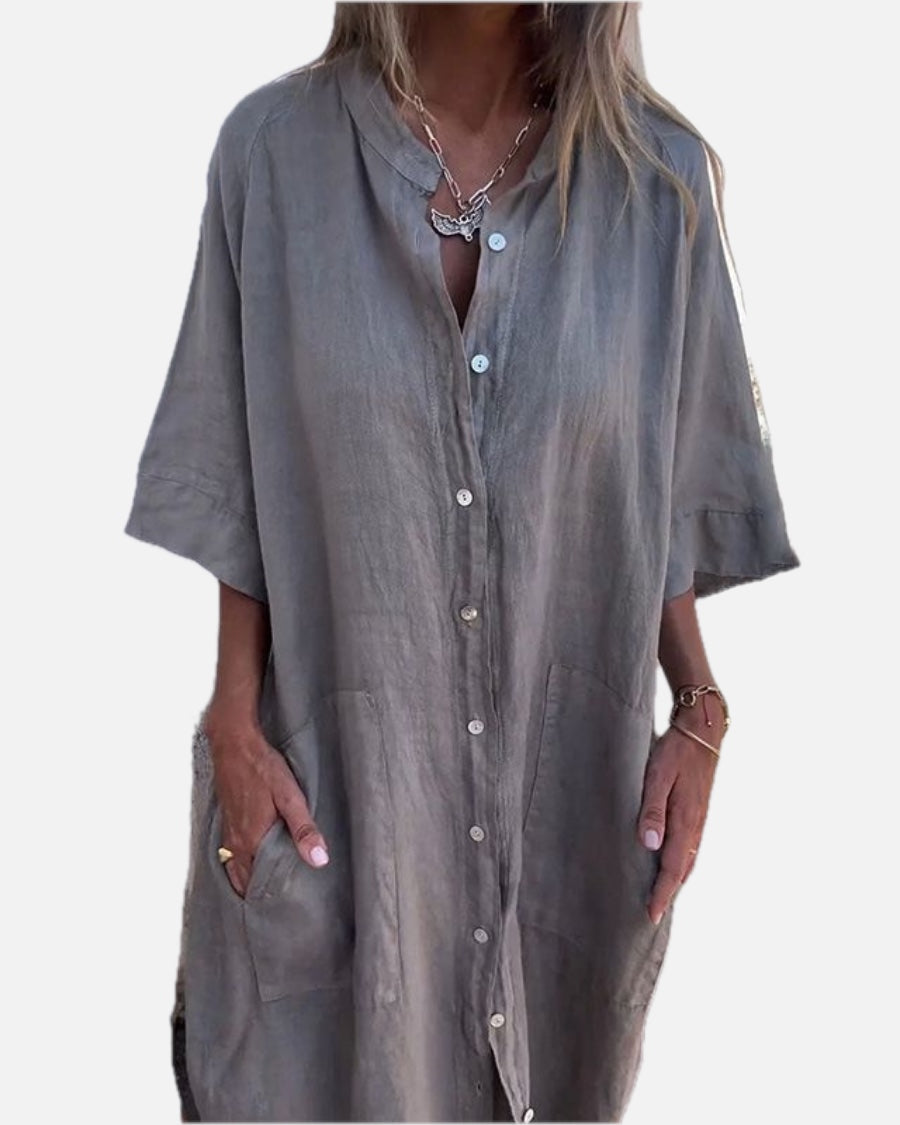 Women Shirt Dress Button-Up with Short Sleeves and Side Pockets