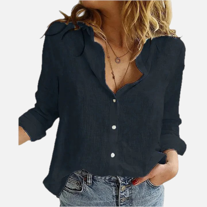 Women's Button-Down Shirt with Lapel Collar and Long Sleeves