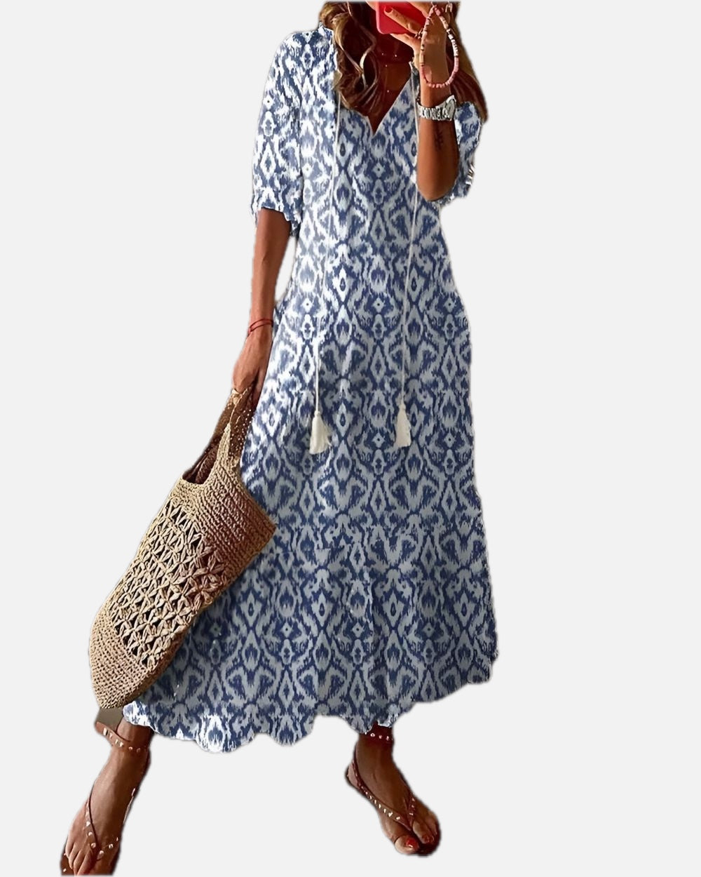Women's Printed Tiered Maxi Dress with Tasselled V-Neck - 1