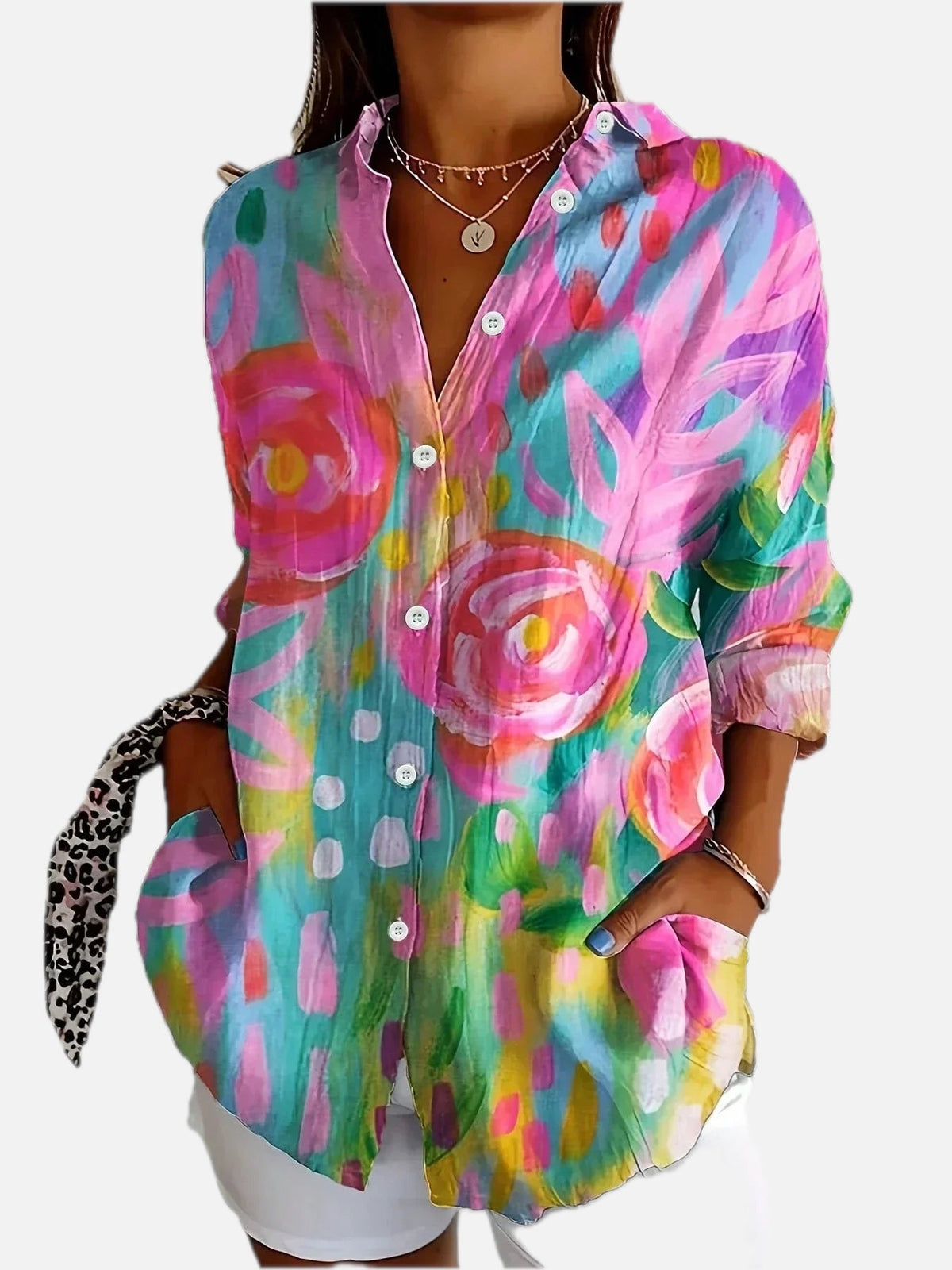 Women Floral Print Button-Up Blouse with Classic Collar and Long Sleeves