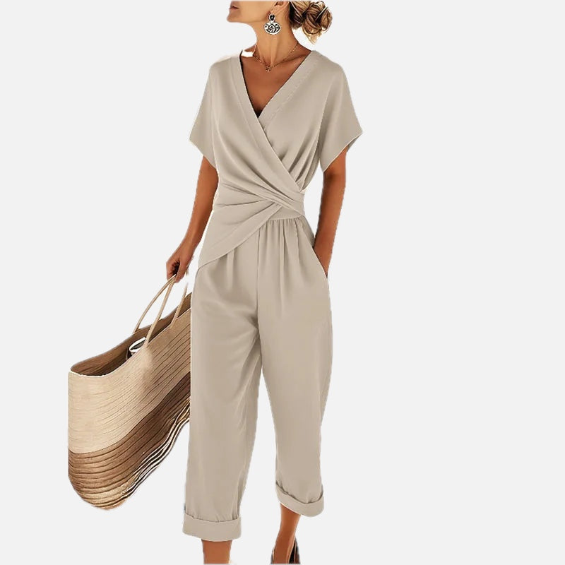 Women's Wrap V-Neck Jumpsuit with Twist Waist and Cropped Wide Legs