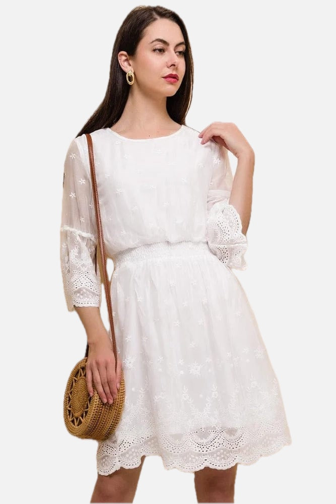 Women's Embroidered Mini Dress with Lace Trim Sleeves and Round Neck