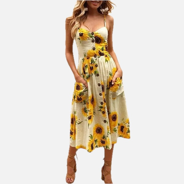 Women's Floral Midi Dress Sleeveless with Button Front and A-Line Skirt