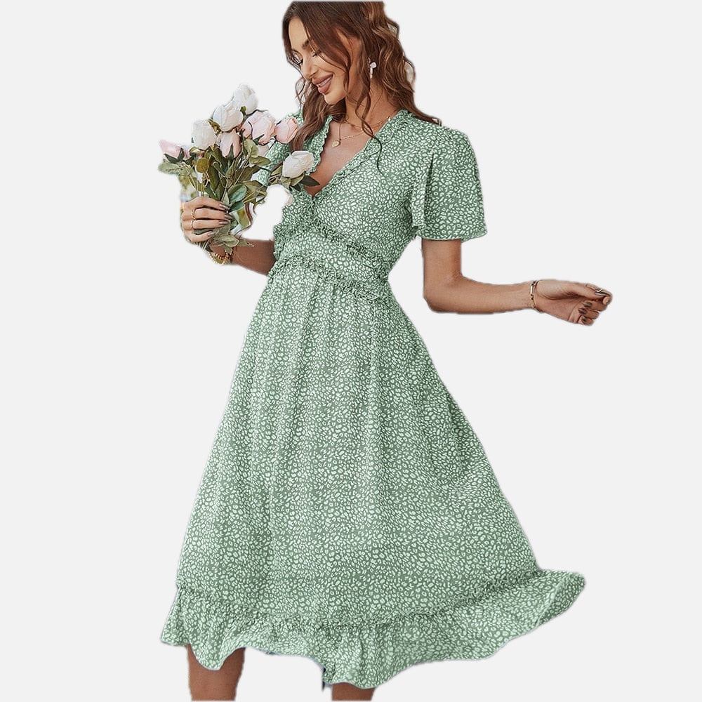 Women's Midi Dress with V-Neck and Short Sleeves