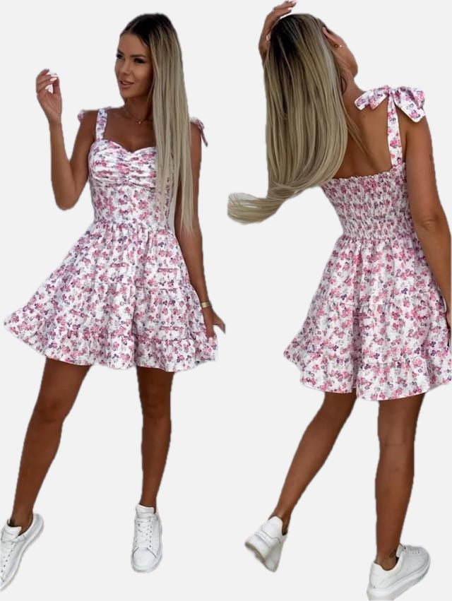 Women's Floral Mini Dress with Tie Straps and Shirred Waist