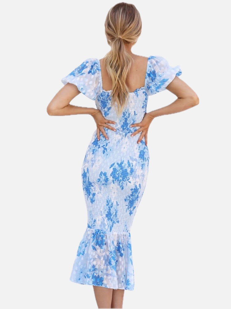 Women's Midi Dress Open Back with Flutter Sleeves and Ruffle Hem - 1