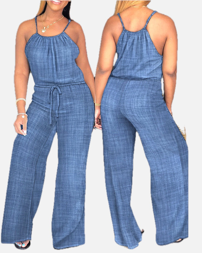 Women's Spaghetti Strap Jumpsuit with Tied Waist and Wide Leg