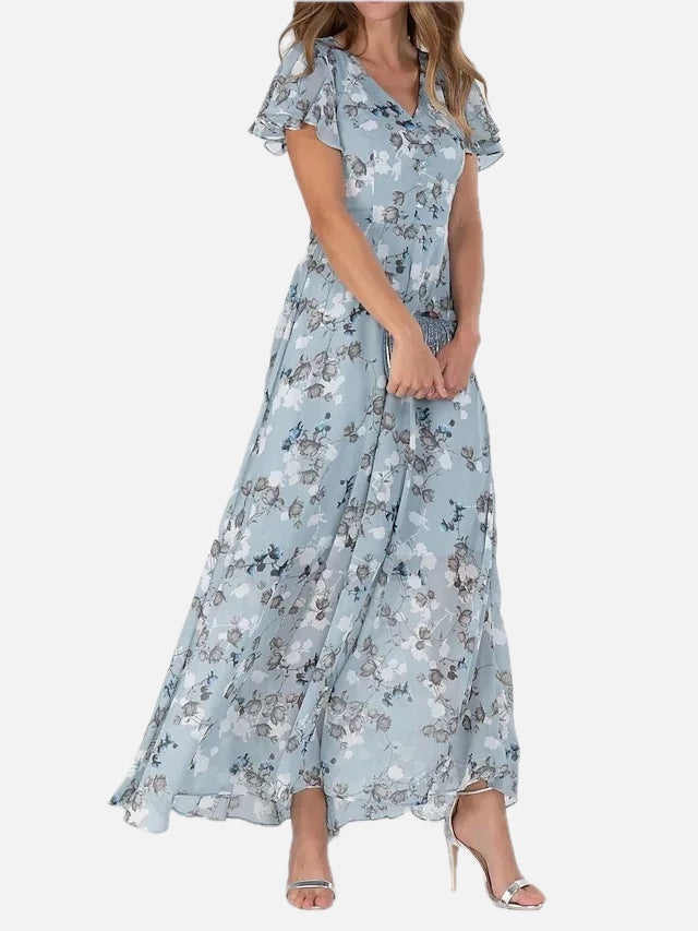Women's Maxi Dress Floral Print with V-neck and Flutter Sleeves