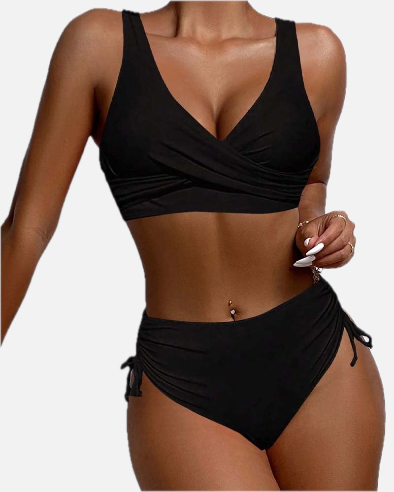 Women's V-Neck Wrap Bikini with Ruched Tie-Side Bottoms - 1