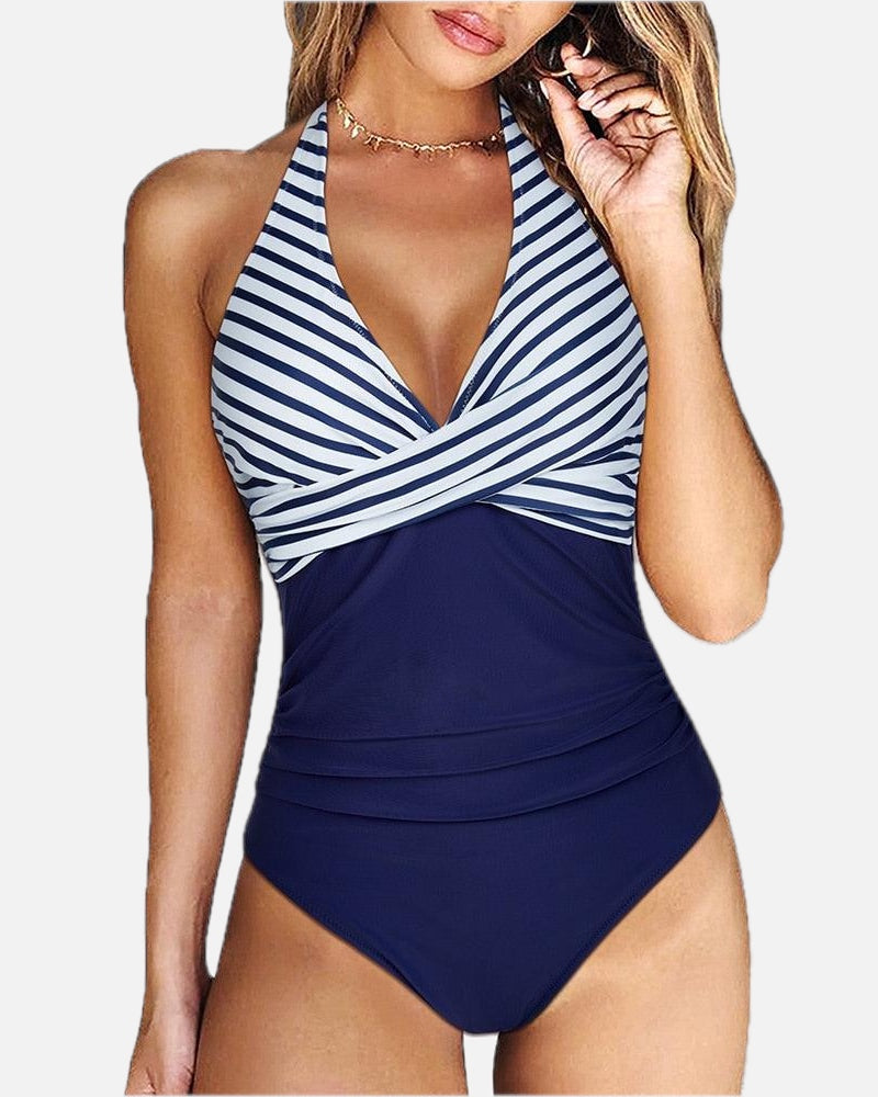 Women's One-Piece Swimsuit with Halter Neck and Striped Wrap Front