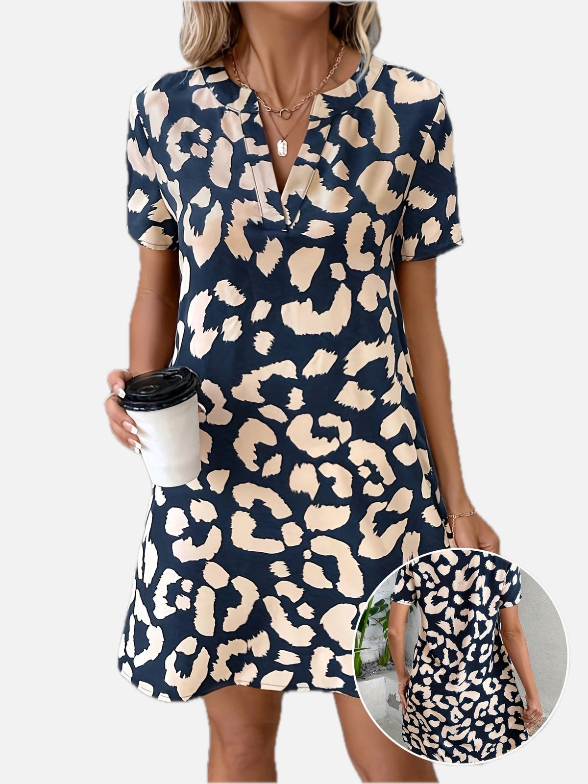 Women's Leopard Print Dress with Notch Neck and Short Sleeves