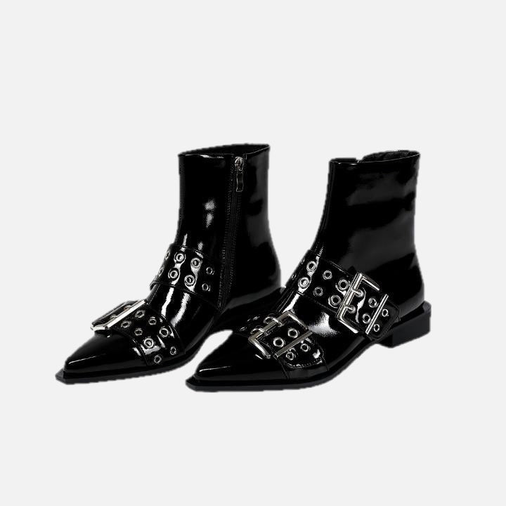 Women's Chunky Mid-Heel Zipper Biker Boots with Buckle Detail