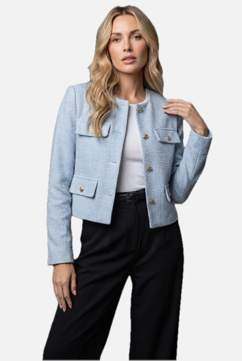 Women's Cropped Blazer Jacket with Round Neck and Textured Finish