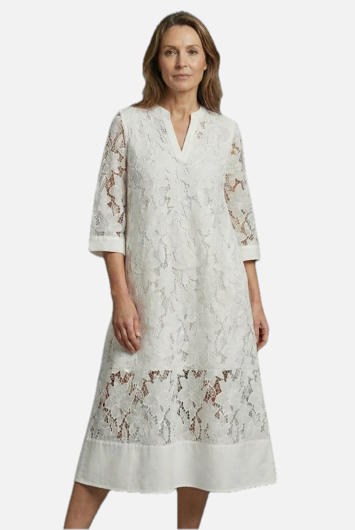 Women's Embroidered Lace Midi Dress with Relaxed Fit and V-Neck