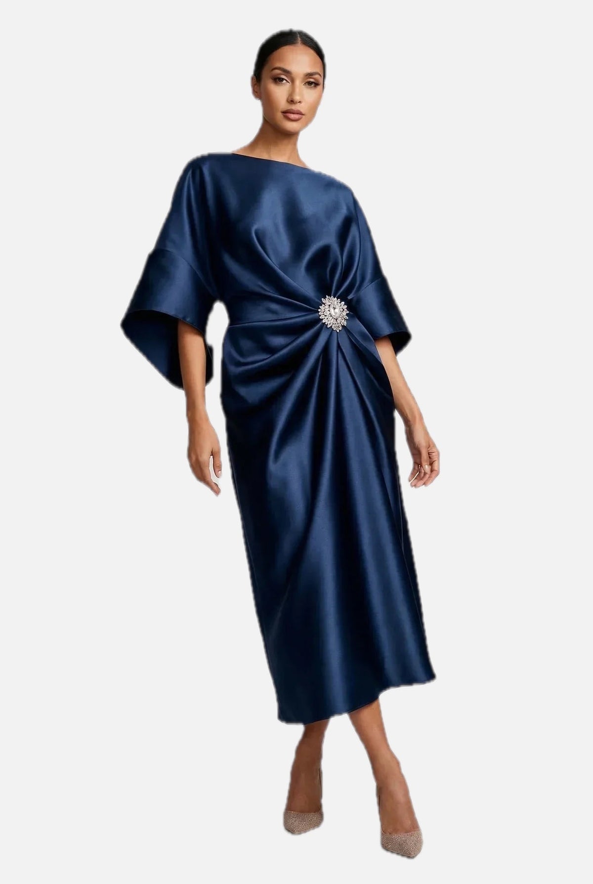 Women's Batwing Midi Dress with Jewel Neckline and Draped Waist