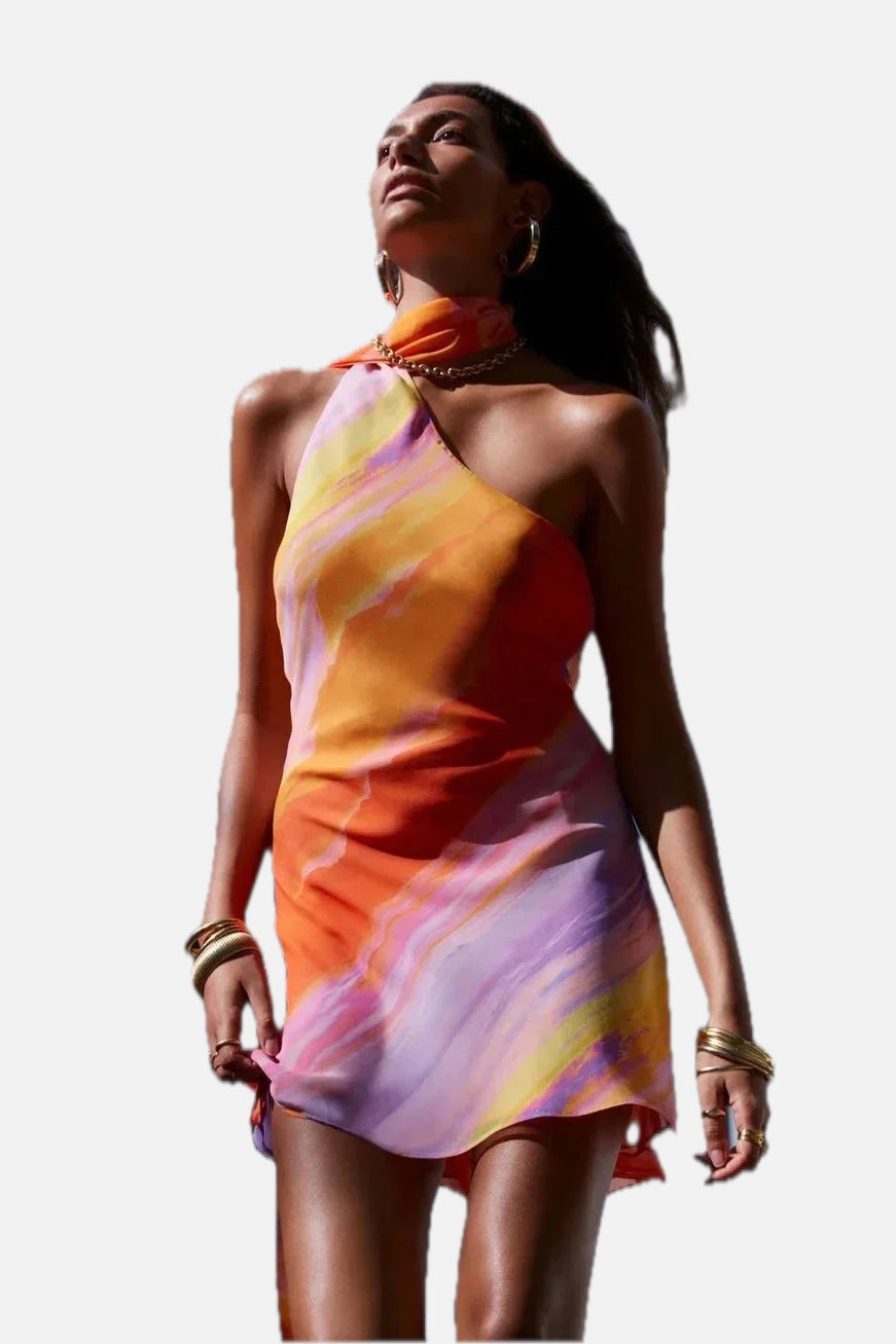 Women's Halter Mini Dress with Asymmetric Neckline and Ombre Print