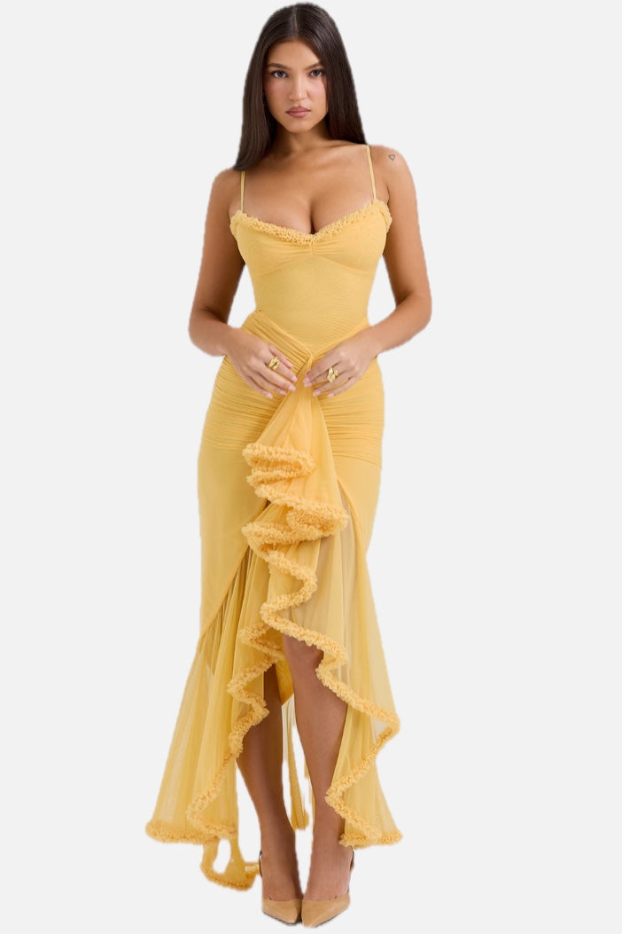 Women's Maxi Dress Ruched with Ruffle Front Slit and Sweetheart Neckline