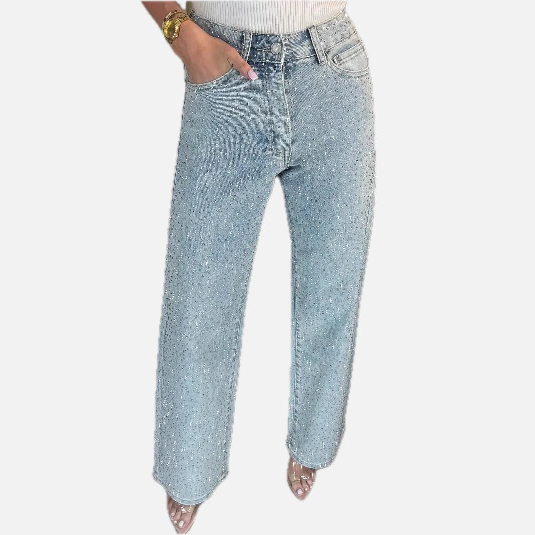 Women's High-Waist Straight-Leg Jeans with Diamante Detailing
