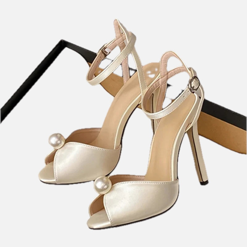 Women's Stiletto Sandals with Pearl Detail and Crossover Ankle Strap