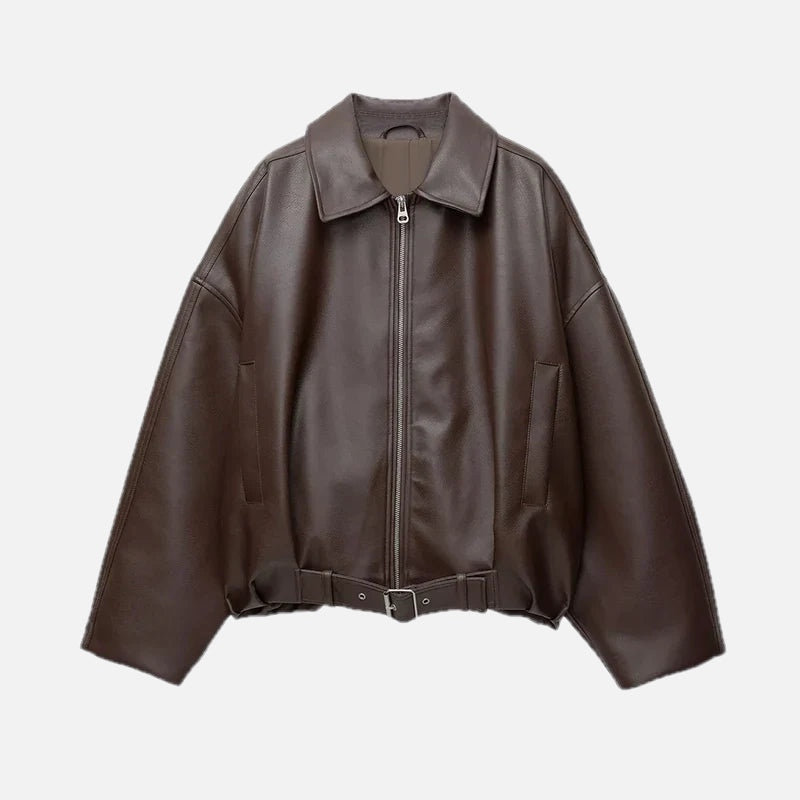 Women's Faux Leather Bomber Jacket with Belted Waist and Point Collar