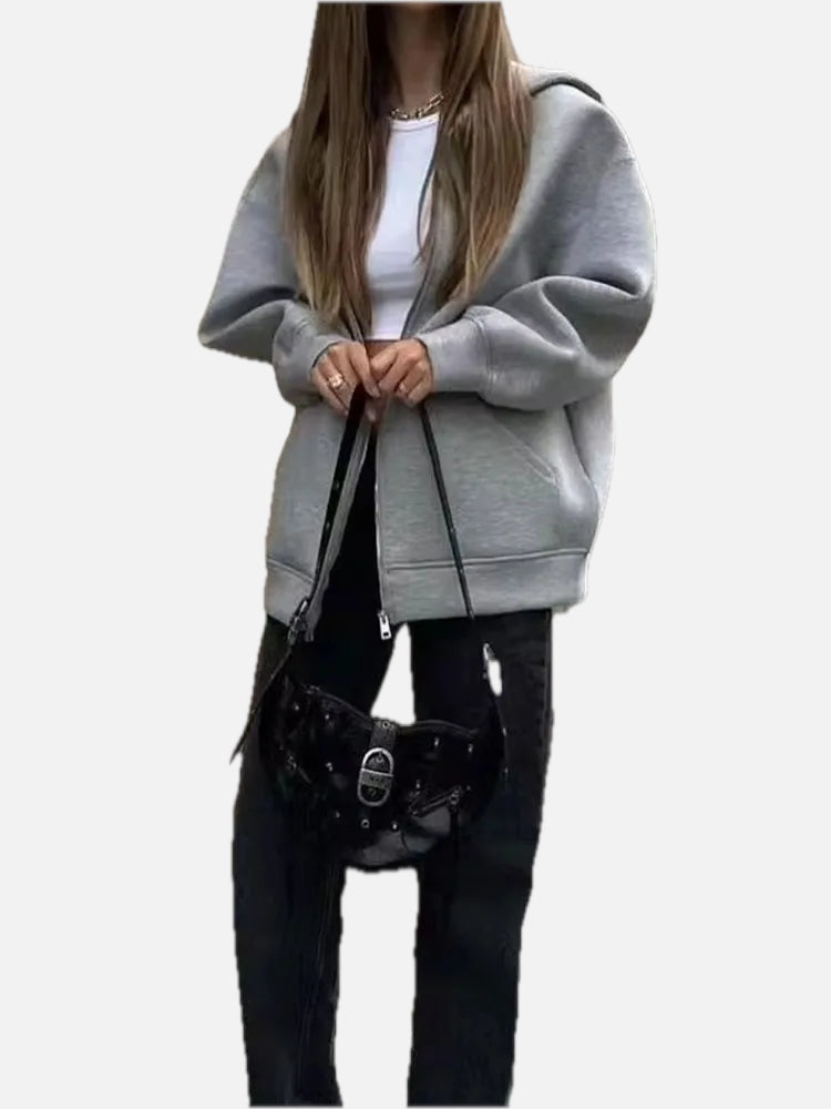 Women's Hooded Zip Jacket with Relaxed Fit and Drop Shoulders