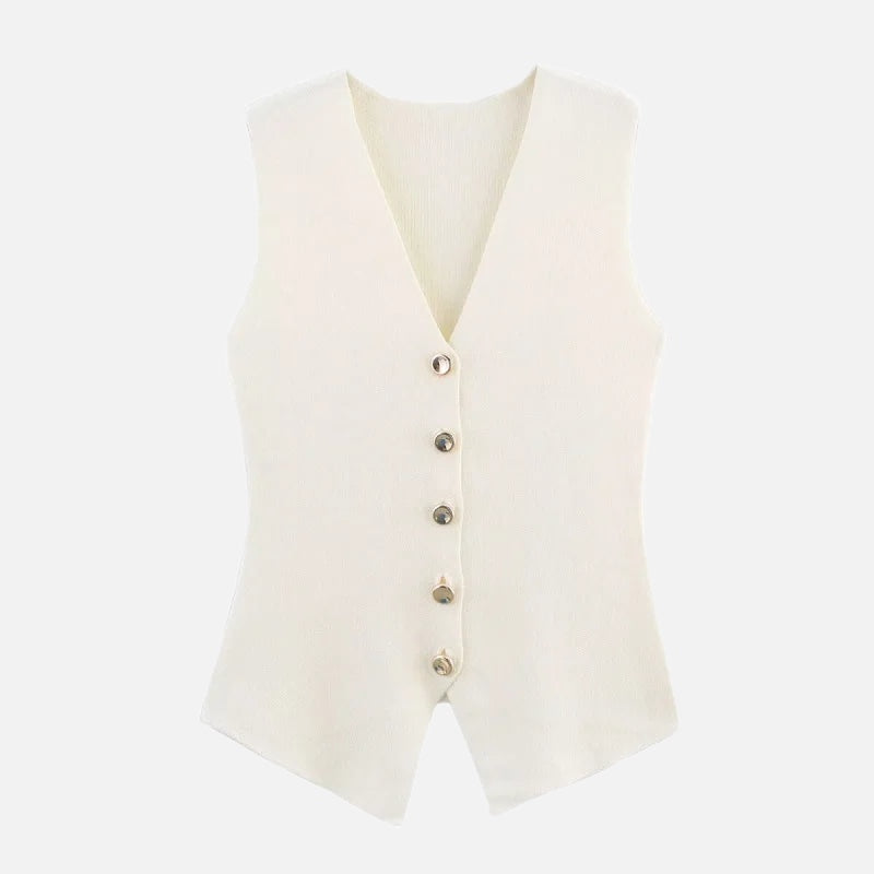 Women's Knitted Waistcoat Sleeveless with V-Neck and Button Front