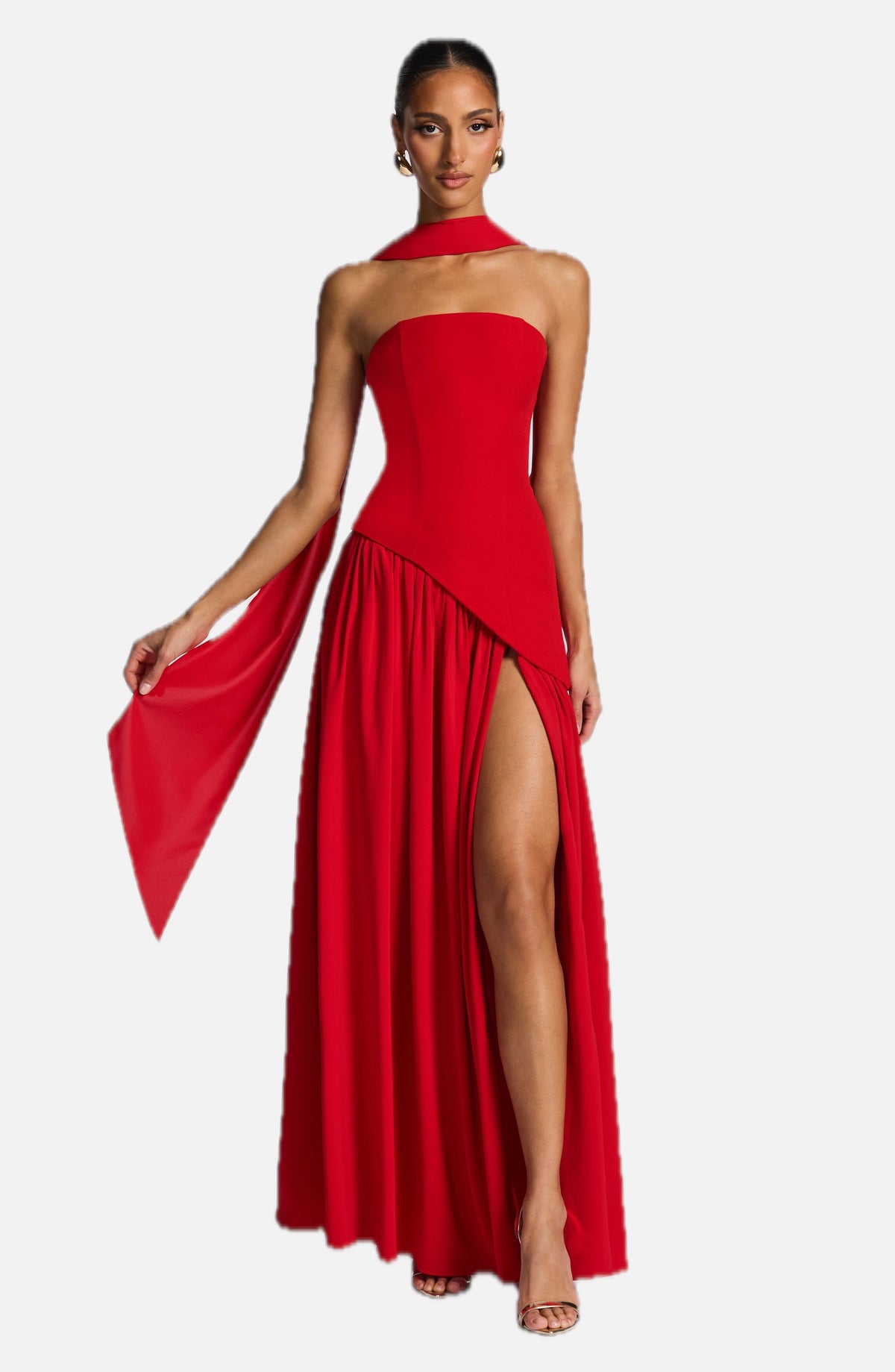 Women's Strapless Maxi Dress with Draped Skirt and High Slit