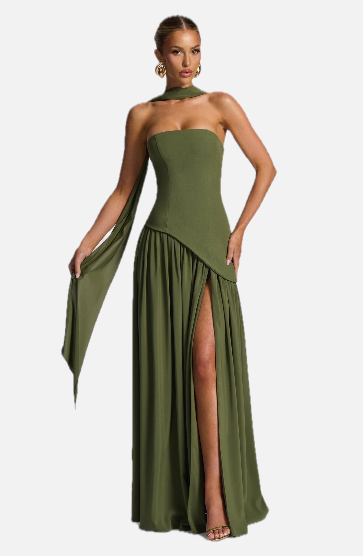 Women's Maxi Dress Strapless with Draped Sleeve and Front Slit