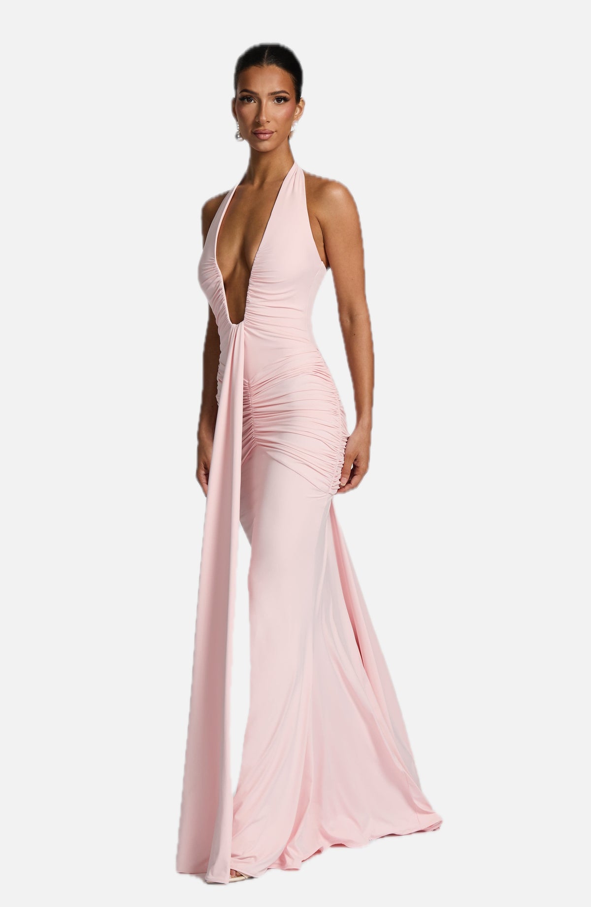 Women's Halterneck Maxi Dress with Ruched Detail and Train - 1