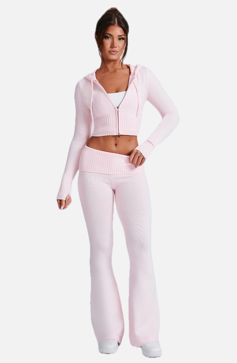 Women's Knit Co-Ord Set Cropped Zip Hoodie with Flared Trousers