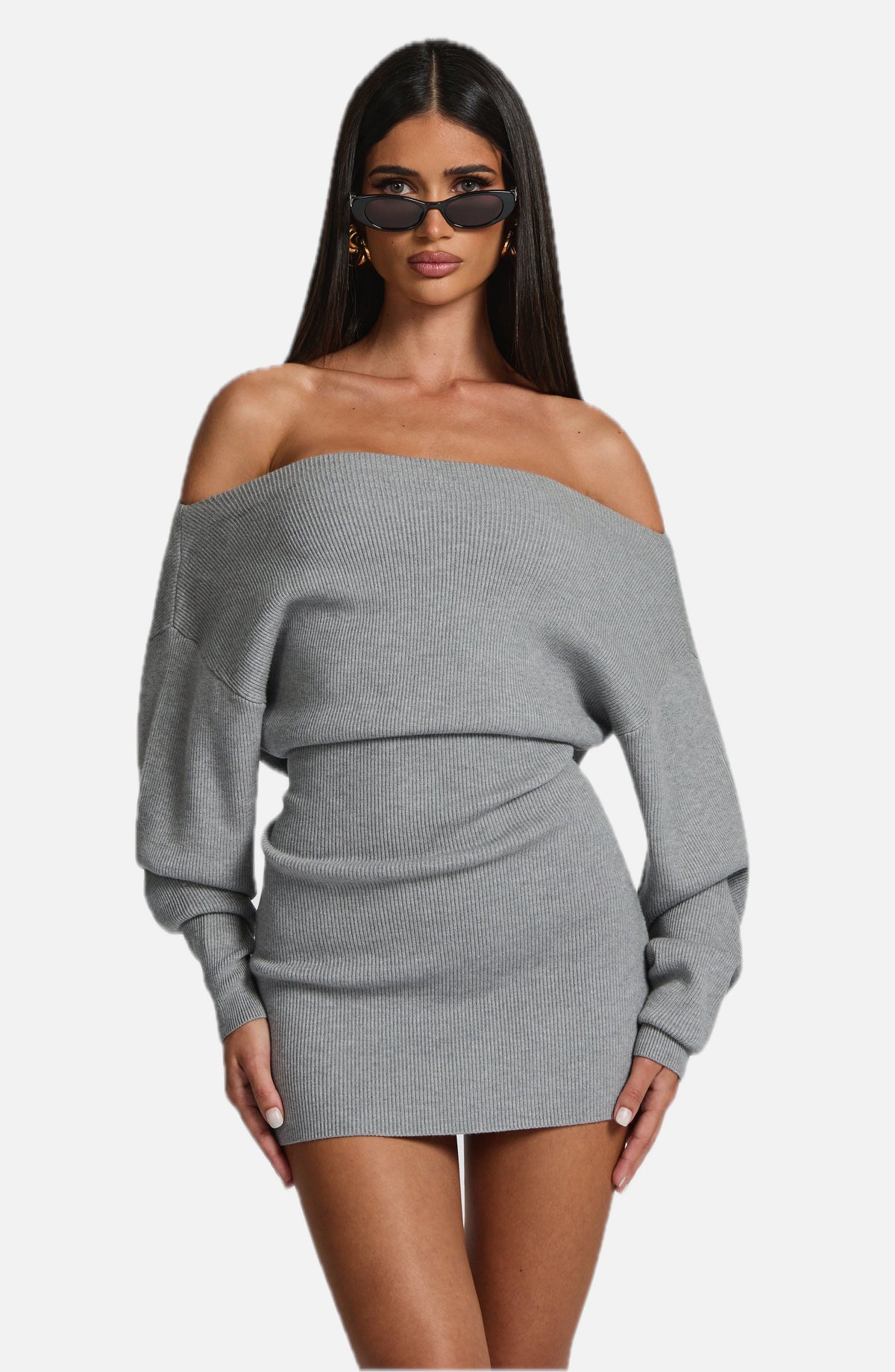 Women's Bardot Knit Mini Dress with Long Sleeves and Bodycon Fit