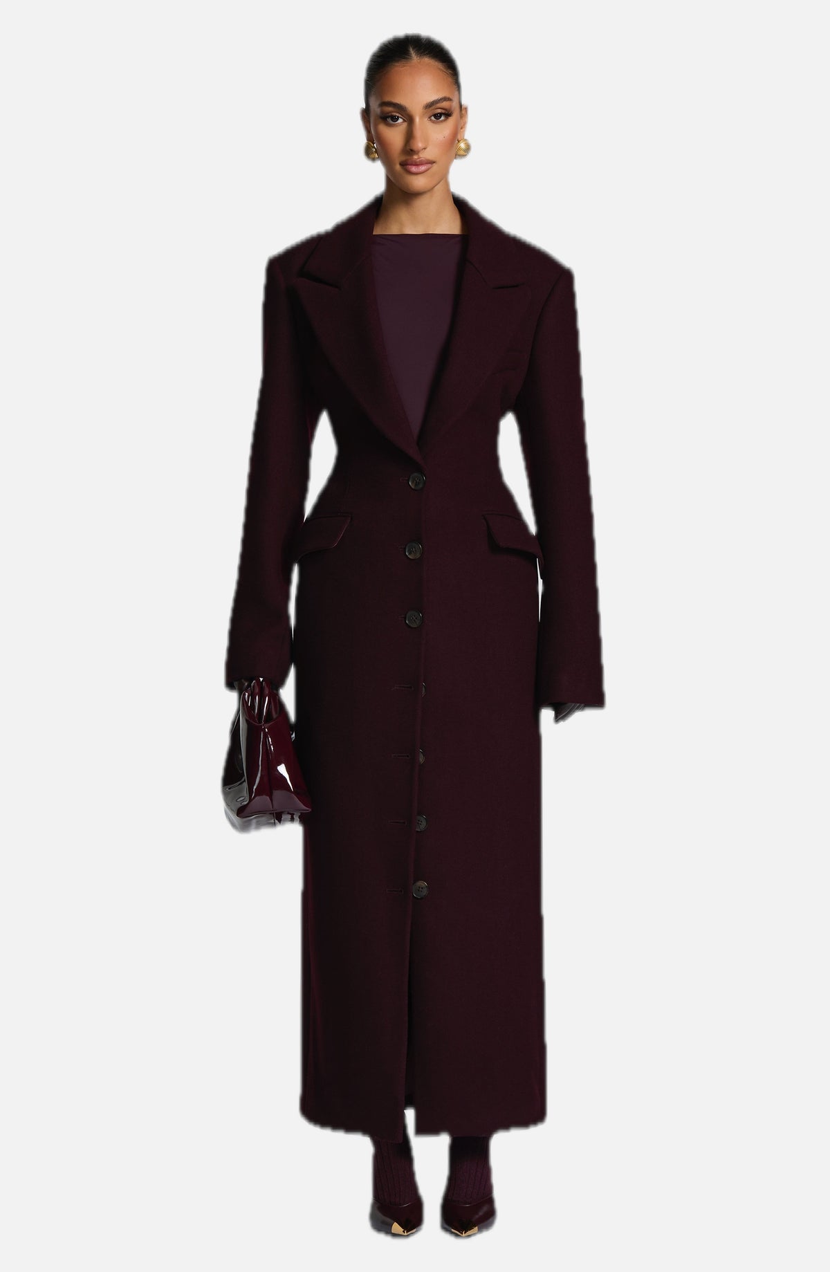 Women's Long Overcoat with Notched Lapel and Tailored Waist