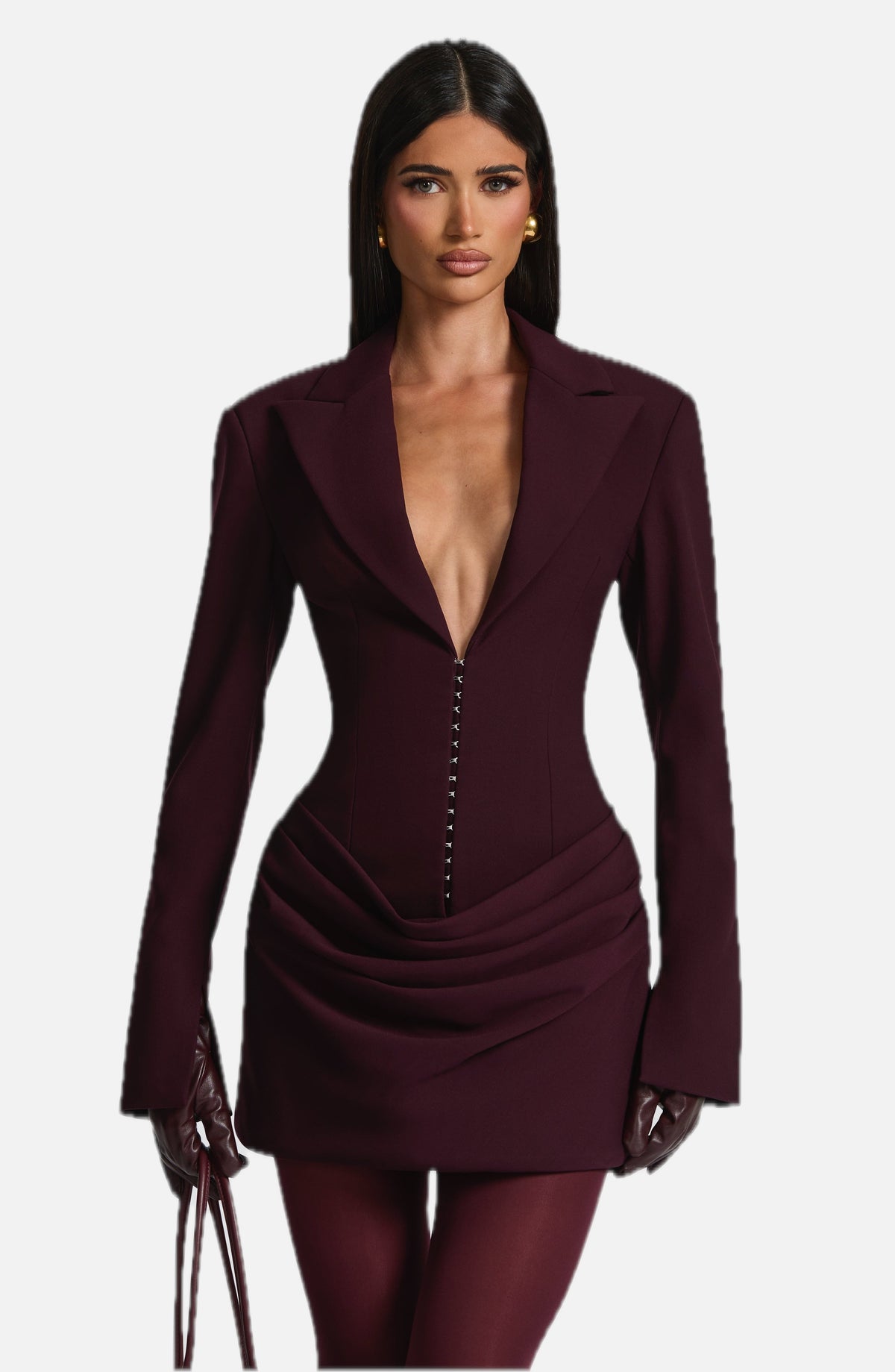Women's Ruched Mini Dress with Plunging V-Neck and Long Sleeves