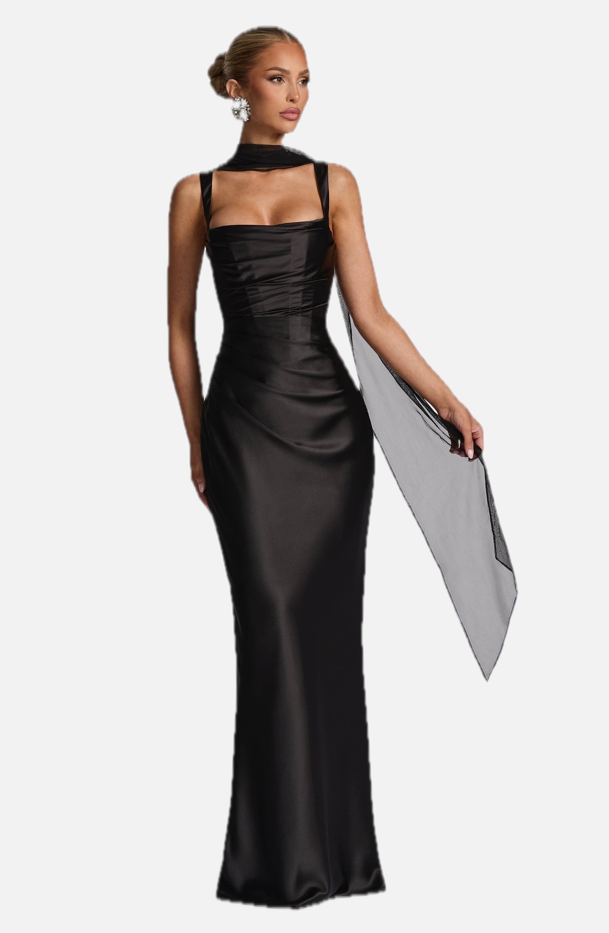 Women's Maxi Evening Gown with Draped Neckline and Fitted Silhouette - 1