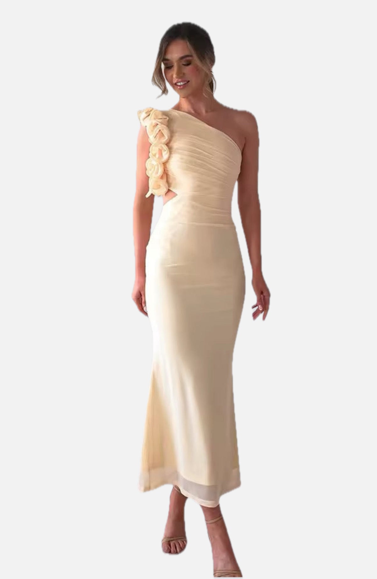 Women's Evening Maxi Dress One Shoulder with Floral Trim and Cutout Waist