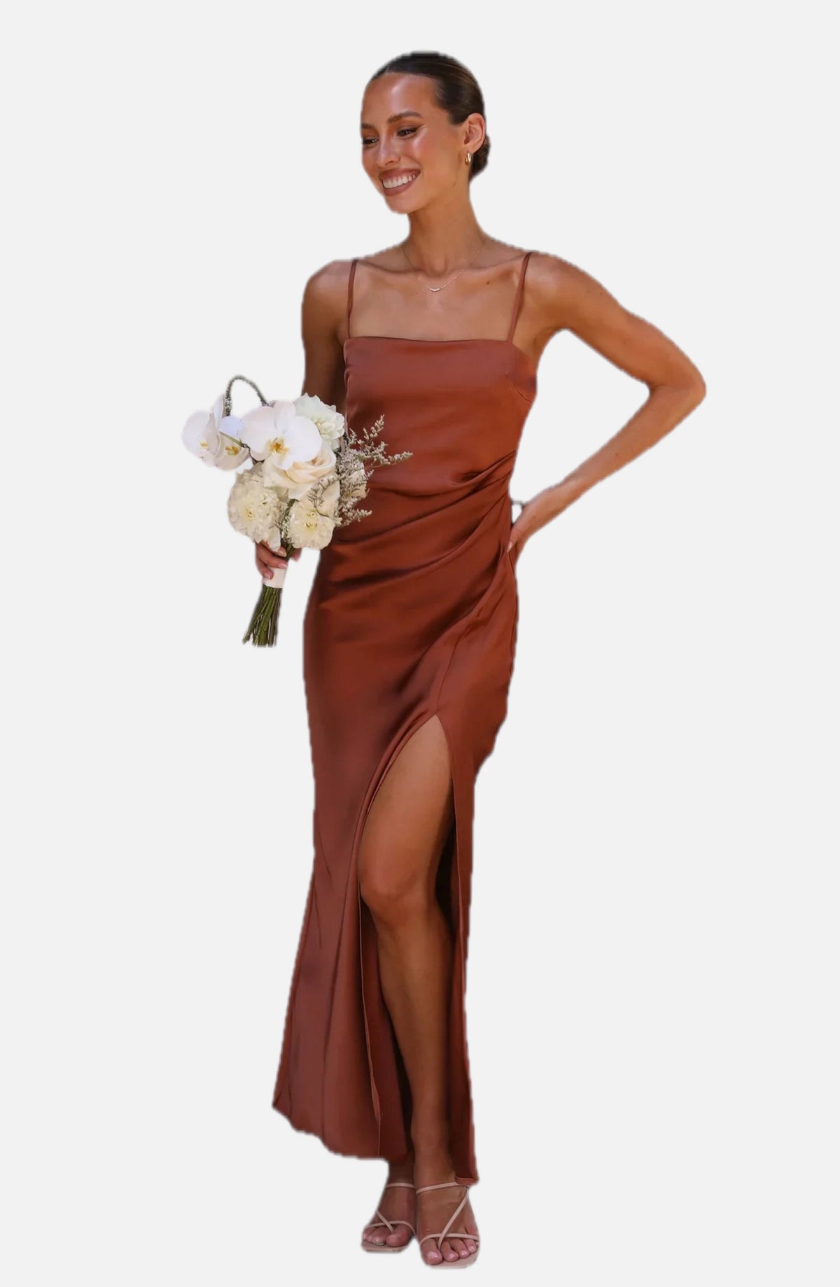 Women's Satin Maxi Dress Sleeveless with Square Neck and Side Slit