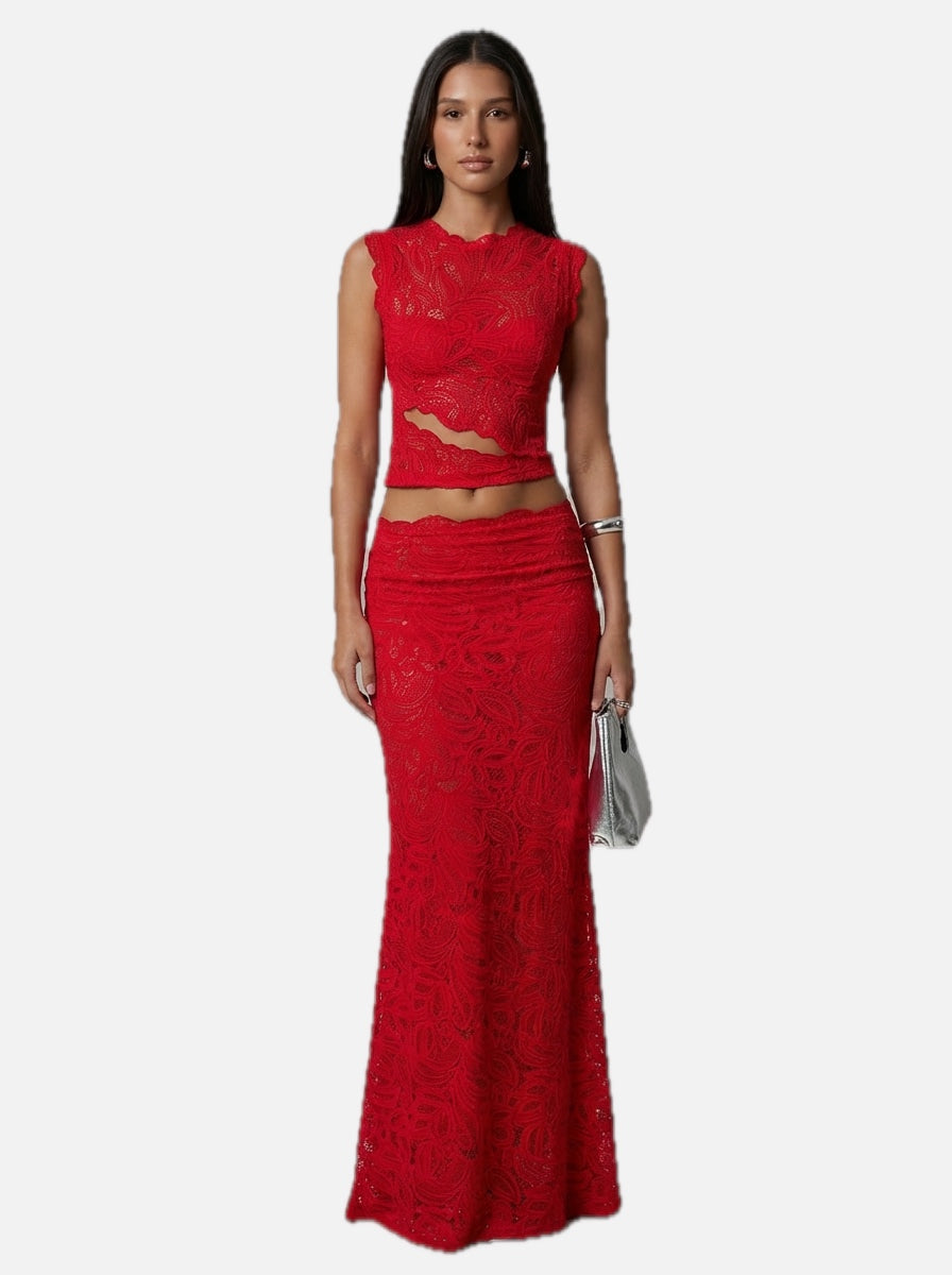 Women's Lace Co-Ord Set Sleeveless Crop Top and Maxi Skirt